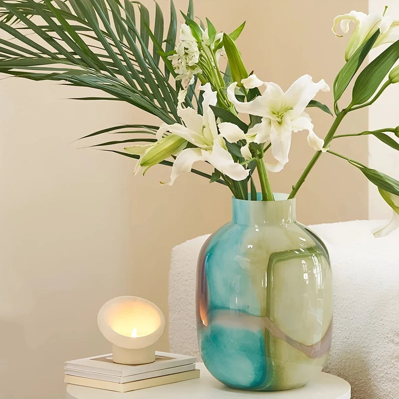 Vase Décoratif Effet Marbré Vert et Bleu