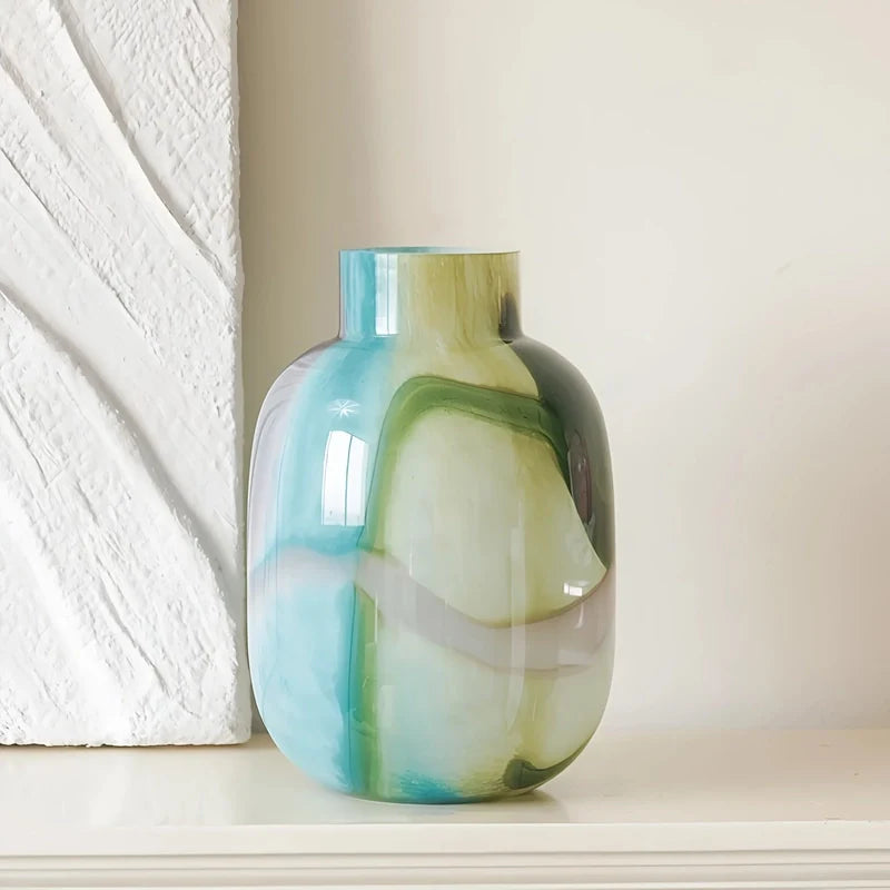 Vase Décoratif Effet Marbré Vert et Bleu