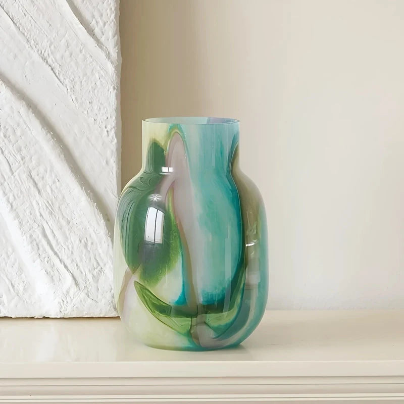 Vase Décoratif Effet Marbré Vert et Bleu