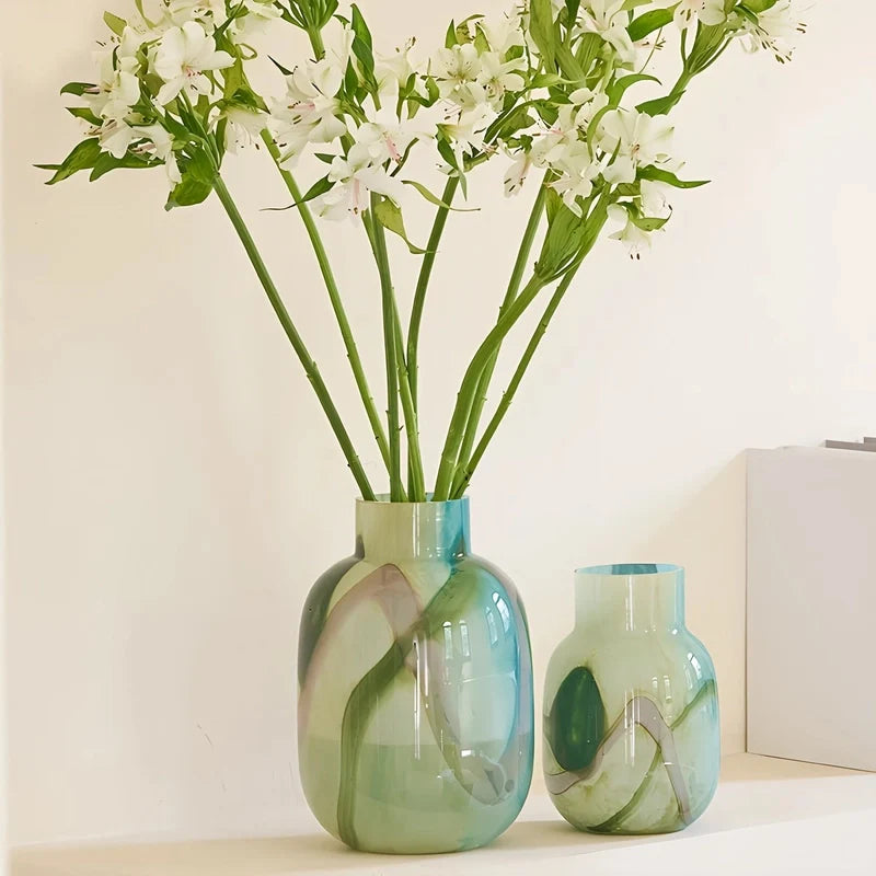 Vase Décoratif Effet Marbré Vert et Bleu