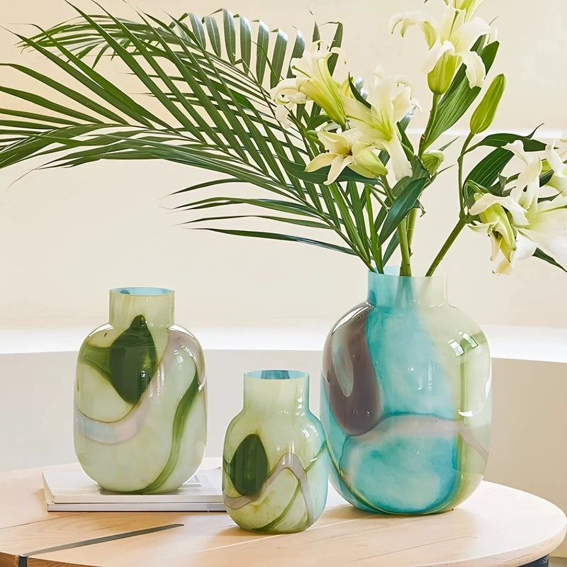 Vase Décoratif Effet Marbré Vert et Bleu