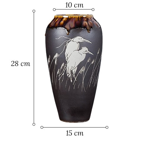 Vase Gris Anthracite Motif Oiseaux Blancs