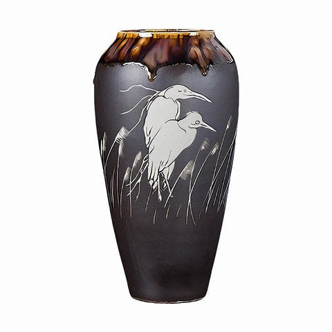 Vase Gris Anthracite Motif Oiseaux Blancs