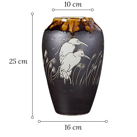 Vase Gris Anthracite Motif Oiseaux Blancs