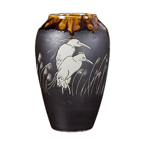 Vase Gris Anthracite Motif Oiseaux Blancs