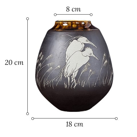 Vase Gris Anthracite Motif Oiseaux Blancs