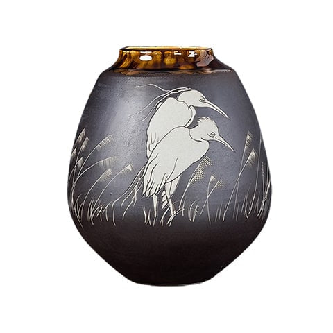 Vase Gris Anthracite Motif Oiseaux Blancs