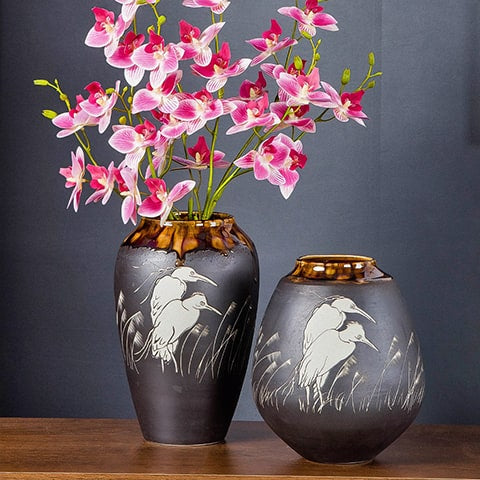 Vase Gris Anthracite Motif Oiseaux Blancs