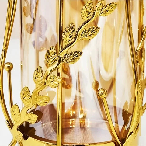 Vase Longiligne Transparent Cerclage Feuilles Dorées