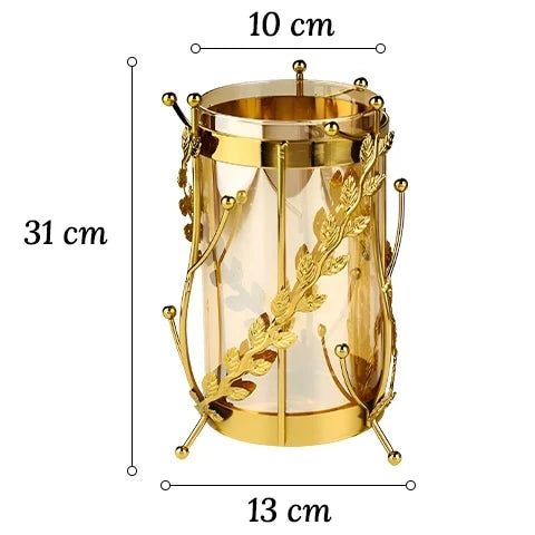 Vase Longiligne Transparent Cerclage Feuilles Dorées