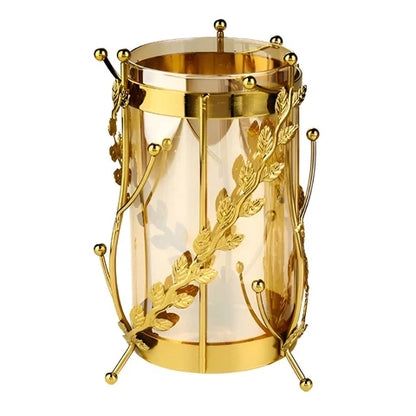 Vase Longiligne Transparent Cerclage Feuilles Dorées