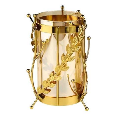Vase Longiligne Transparent Cerclage Feuilles Dorées