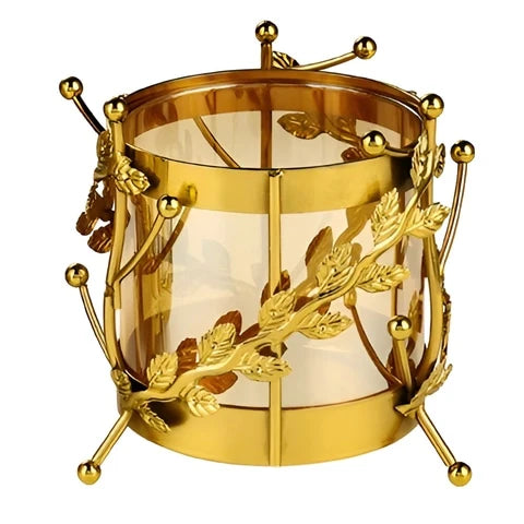 Vase Longiligne Transparent Cerclage Feuilles Dorées