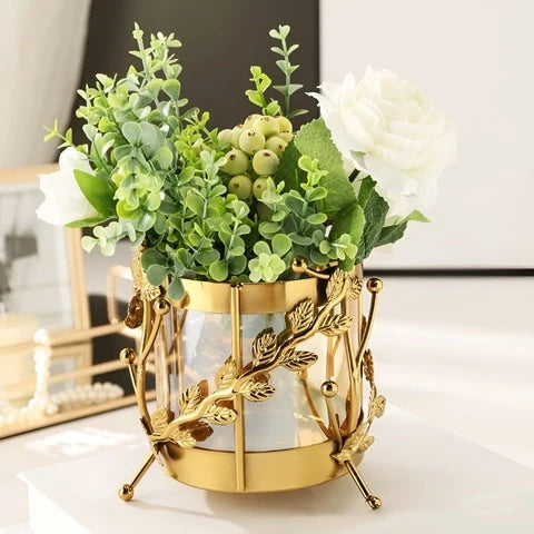 Vase Longiligne Transparent Cerclage Feuilles Dorées