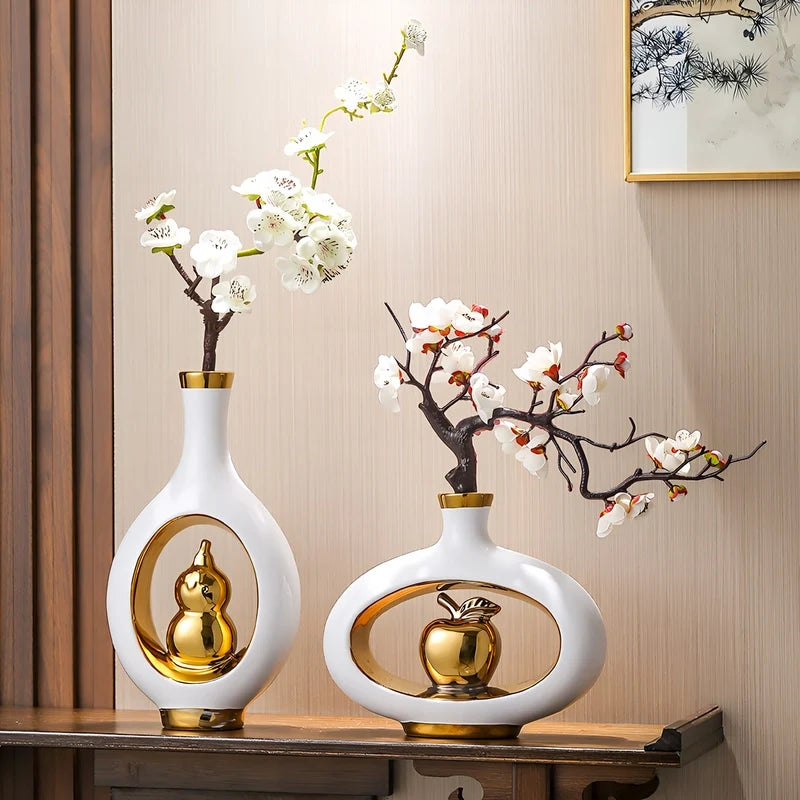 Vase de Luxe Contemporain Ikebana Blanc et Doré