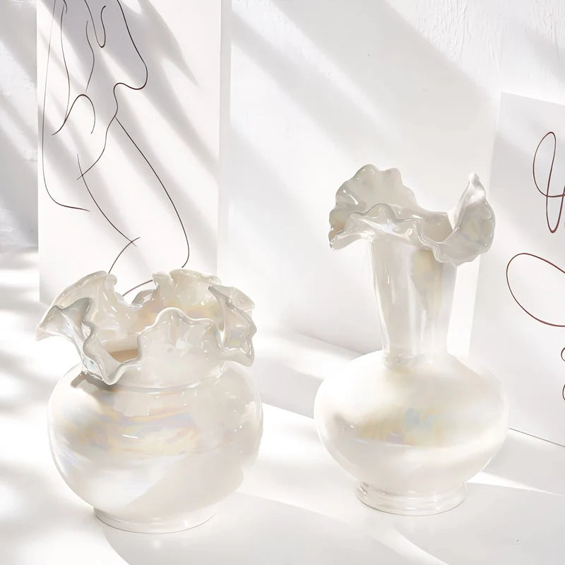 Vase Luxueux Design Raffiné Rond Col Ondulé Nacré