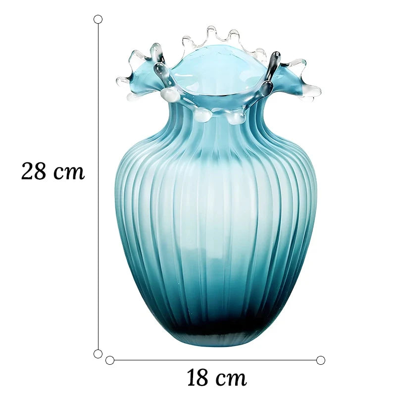 Vase Luxueux Rayé Bleu Givré Col Ondulé