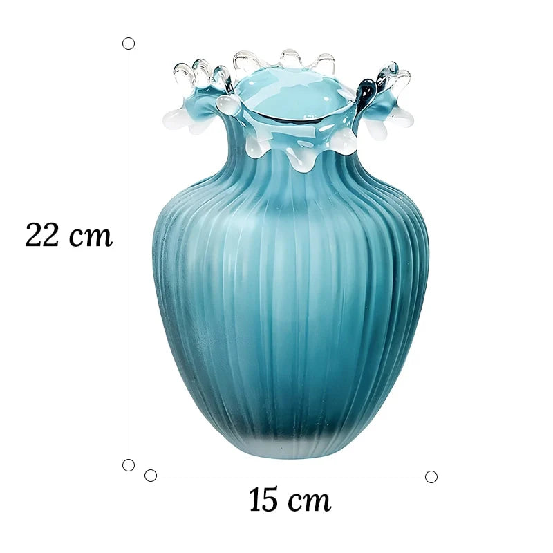 Vase Luxueux Rayé Bleu Givré Col Ondulé