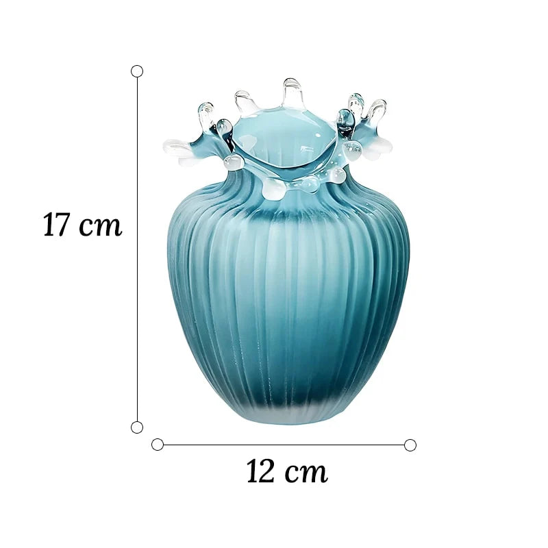 Vase Luxueux Rayé Bleu Givré Col Ondulé