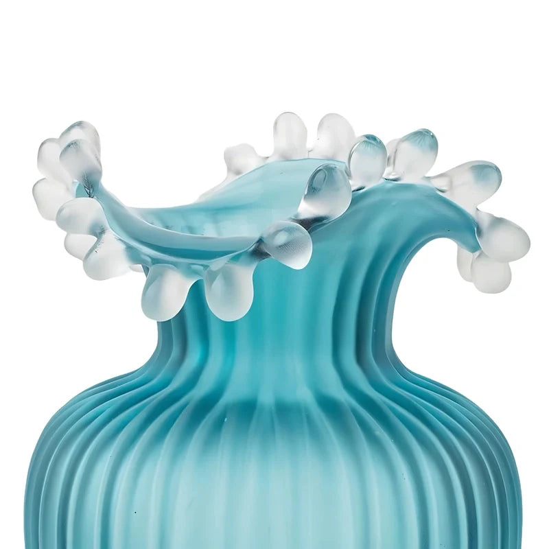 Vase Luxueux Rayé Bleu Givré Col Ondulé