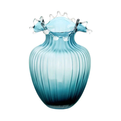 Vase Luxueux Rayé Bleu Givré Col Ondulé