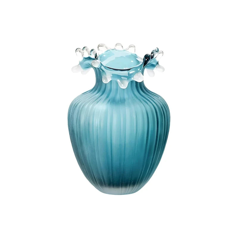 Vase Luxueux Rayé Bleu Givré Col Ondulé