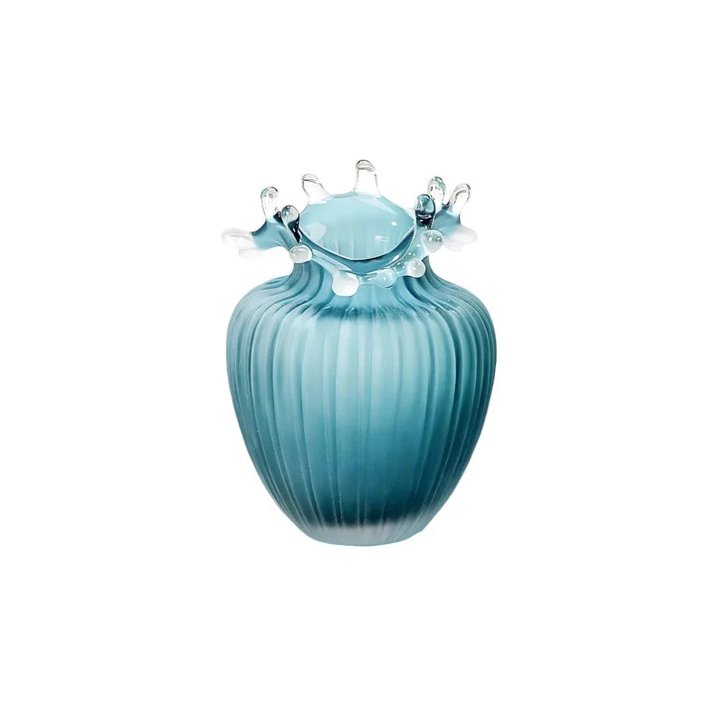 Vase Luxueux Rayé Bleu Givré Col Ondulé