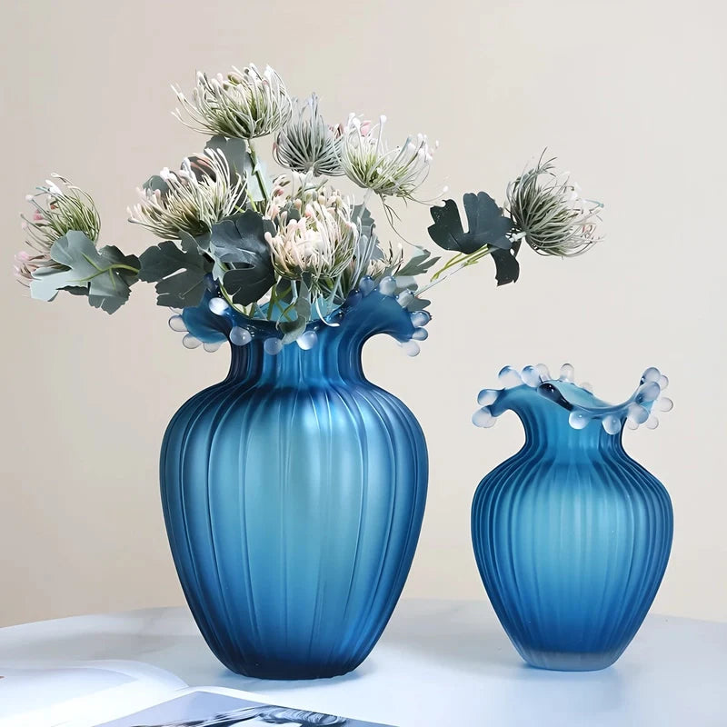 Vase Luxueux Rayé Bleu Givré Col Ondulé