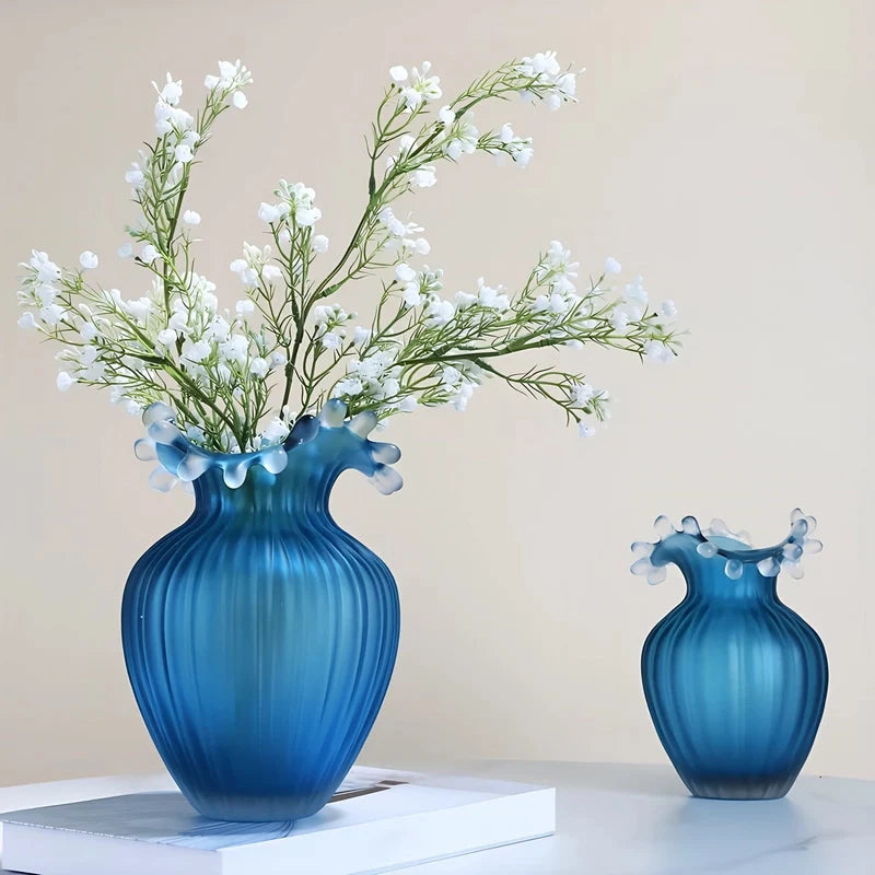 Vase Luxueux Rayé Bleu Givré Col Ondulé