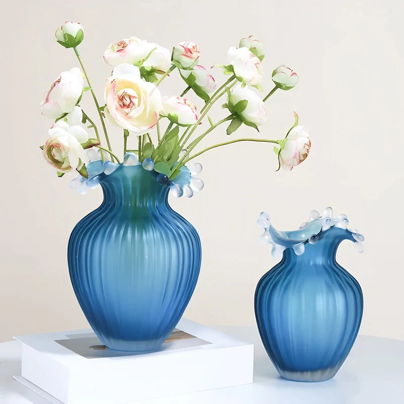 Vase Luxueux Rayé Bleu Givré Col Ondulé