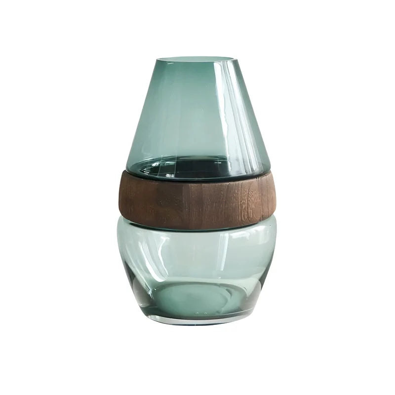 Vase Ovale Transparent avec Anneau en Bois Décoratif