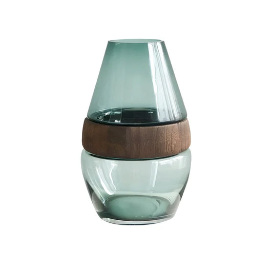 Vase Ovale Transparent avec Anneau en Bois Décoratif