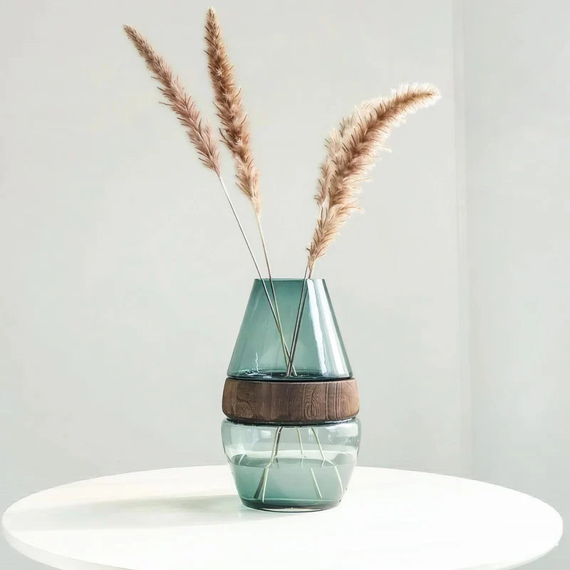 Vase Ovale Transparent avec Anneau en Bois Décoratif