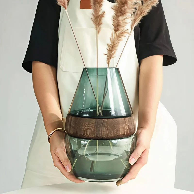 Vase Ovale Transparent avec Anneau en Bois Décoratif