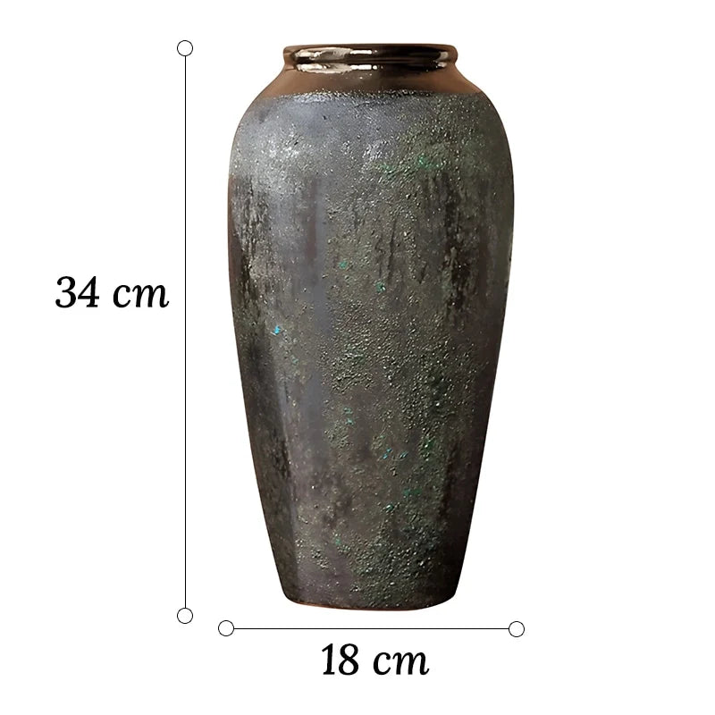 Vase Ovoïde en Grès Vieilli Finition Patinée Col Bronze