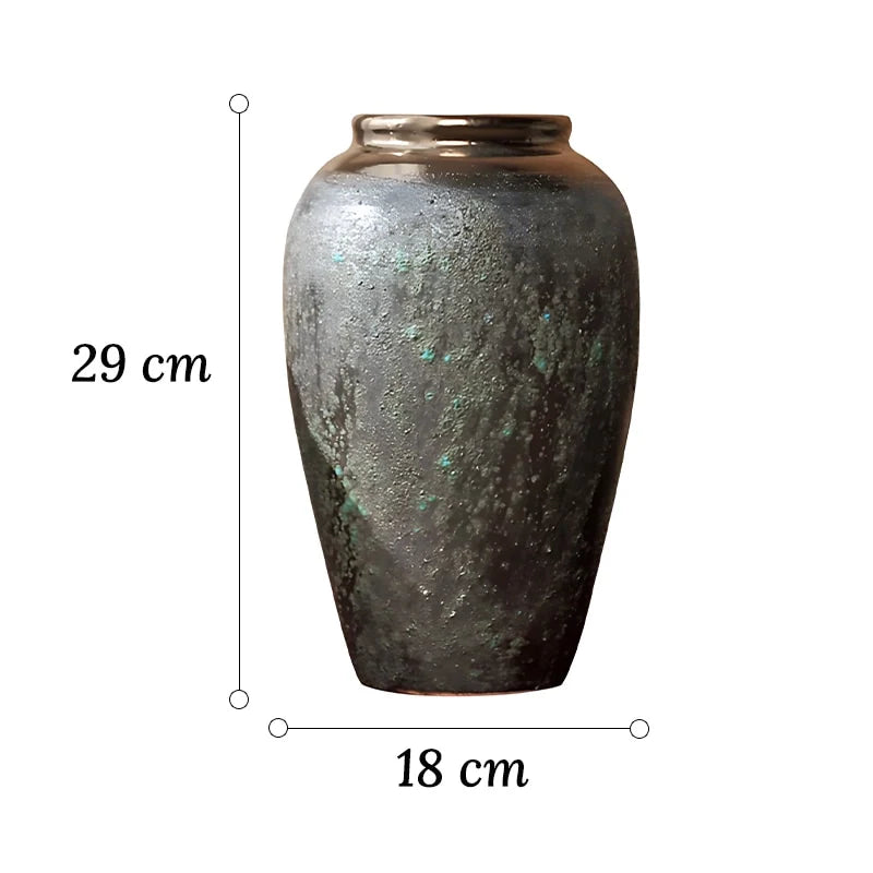 Vase Ovoïde en Grès Vieilli Finition Patinée Col Bronze
