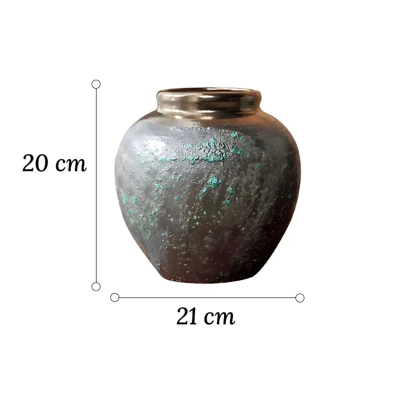 Vase Ovoïde en Grès Vieilli Finition Patinée Col Bronze