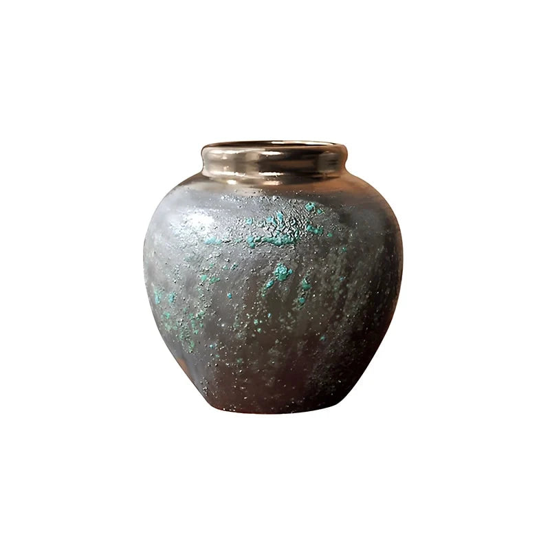 Vase Ovoïde en Grès Vieilli Finition Patinée Col Bronze