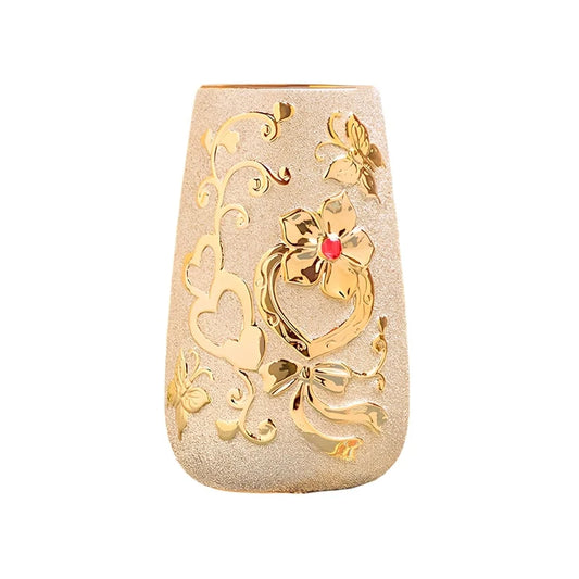 Vase Raffiné Givré Doré Motifs Cœurs et Papillons