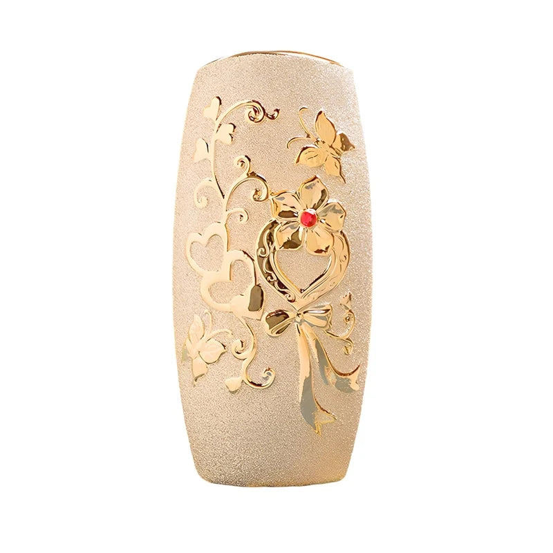 Vase Raffiné Givré Doré Motifs Cœurs et Papillons
