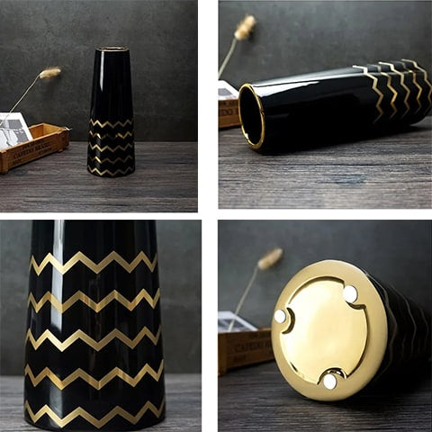 Vase Trapèze Noir Motifs Dorés