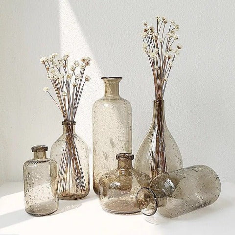Vase Verre Bullé Forme Bouteille Marron